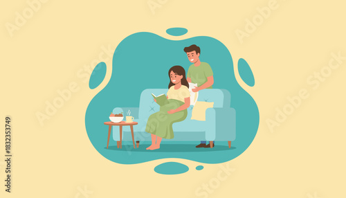 Happy pregnant woman reading on sofa supported by her caring husband at home