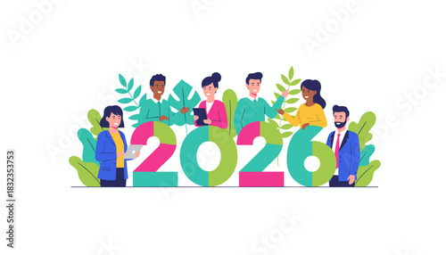 Diverse business team celebrating the new year 2026 with leaves and vibrant graphics