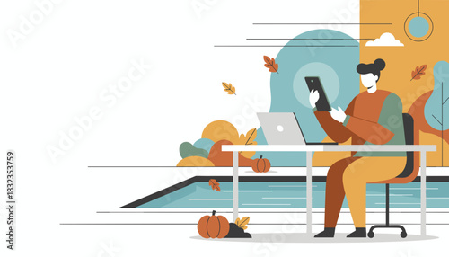 Remote worker using a tablet and laptop at an outdoor desk during the fall season
