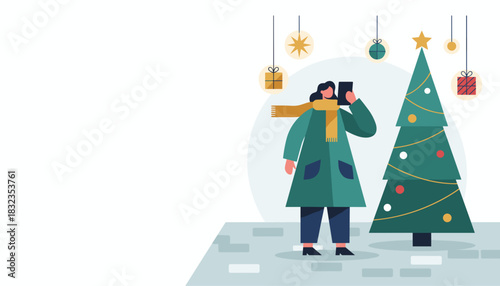 Woman in winter coat photographing Christmas tree with phone Festive holiday illustration