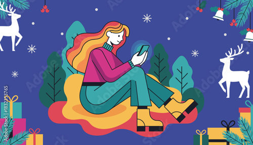 Festive illustration Woman using smartphone for online Christmas shopping surrounded by gifts and reindeer
