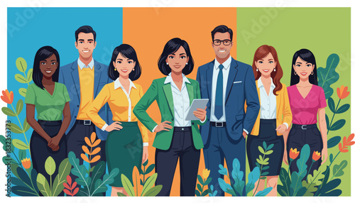 Diverse professional business team standing in a vibrant natural setting illustrating success and growth