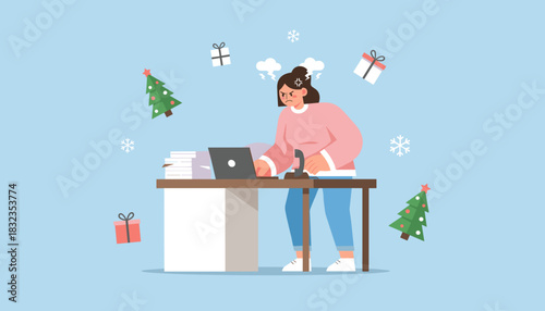 Angry worker dealing with holiday work stress and deadlines Overwhelmed by Christmas tasks