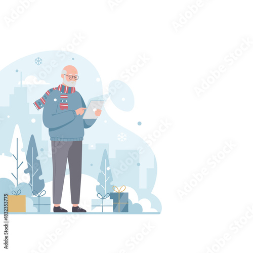 Senior man using a tablet for online holiday shopping in a winter city park with gifts and snow