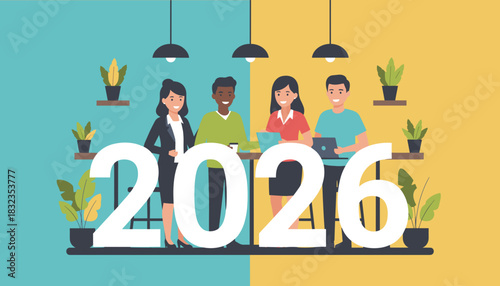 Business team working together behind 2026 symbolizing planning success and the New Year