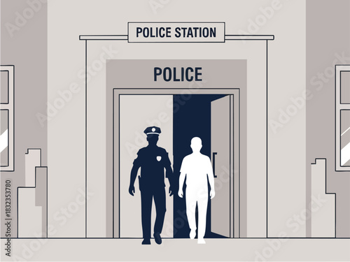 Police officer and civilian exiting police station building illustration.