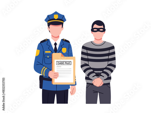 Police Officer Holding Case File Next to a Handcuffed Criminal.