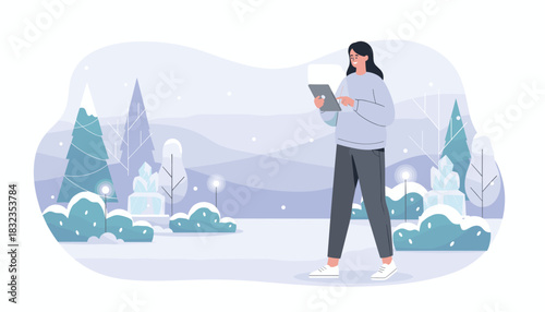 Woman workingbrowsing on a tablet in a snowy park Winter technology connection and outdoor leisure