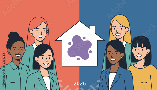 Diverse women surrounding a home icon against a split backdrop symbolizing community and future housing