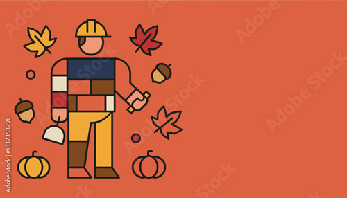 Construction worker illustration with autumn leaves pumpkins and acorns Seasonal work concept