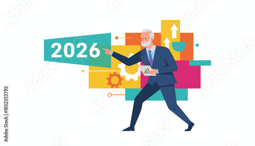 Senior executive points to 2026 visualizing corporate growth and strategic business planning