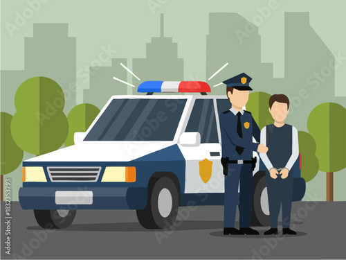 Police officer arresting a suspect near a police car on the street.