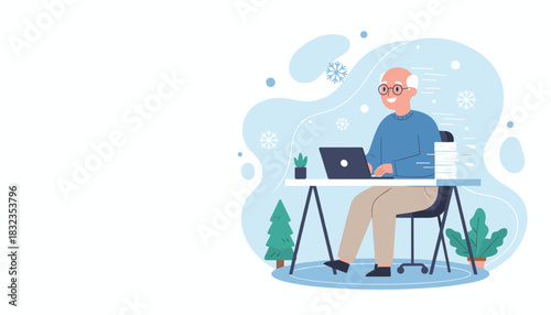 Happy senior man working on a laptop at a desk in a stylized winter office Remote work or elearning