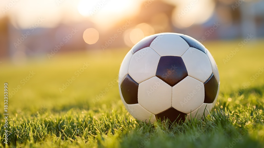 Obraz premium Soccer ball is sitting on a green field. The ball is white and black