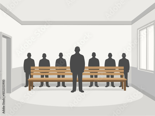 Group of people standing in a room with a bench and a door.