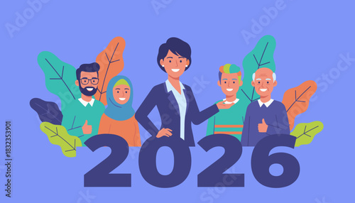 Diverse multigenerational team looks forward to success in the year 2026
