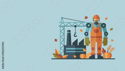 AI robot in work clothes by factory site featuring crane pumpkins and autumn leaves