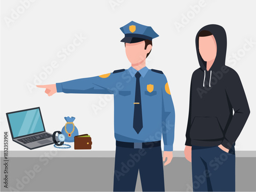 Police officer pointing at a suspect, investigating a crime scene with evidence.