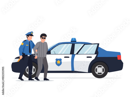 Police officer arresting a suspect near a patrol car, crime scene investigation.