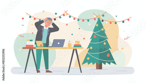 Overworked man stressed at desk during Christmas Holiday deadline pressure concept