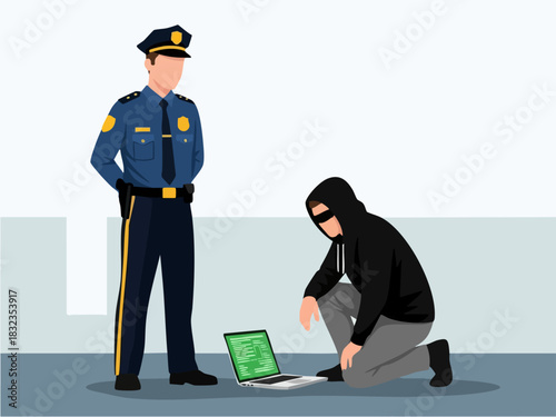 Police officer confronts a thief kneeling beside a laptop computer.