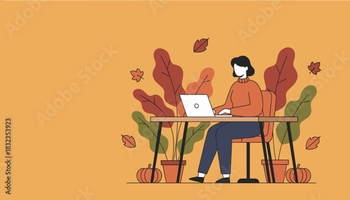 Remote work concept Woman using laptop in an autumnal workspace illustration
