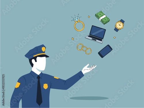 Police Officer Inspecting Seized Items, Demonstrating Law Enforcement Procedures.