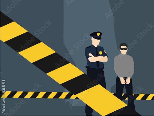 Police Officer and Criminal Arrested Behind Caution Tape.