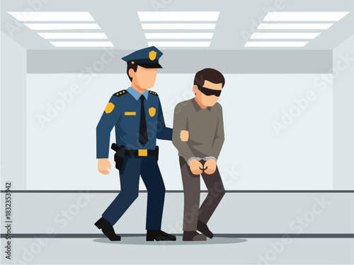Police Officer Escorting a Blindfolded Suspect in Custody.