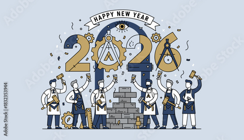 Craftsmen celebrating Happy New Year 2026 Construction progress and fraternity concept illustration