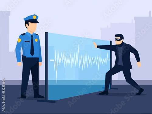 Police Officer Confronts Thief with Digital Data Display.