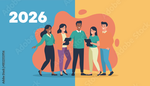 A diverse business team collaborating on future plans for the year 2026