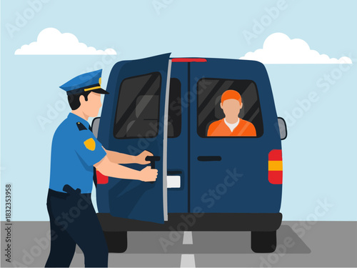 Police officer opening the door of a transport van to move a prisoner.