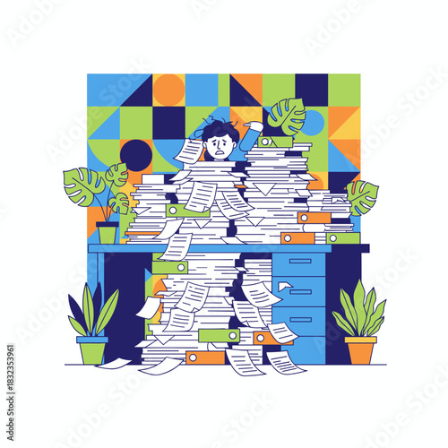 Stressed worker buried under immense paperwork pile illustrating overwhelming workload and office stress