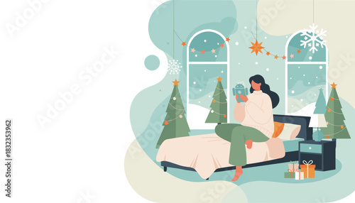Woman uses a smartphone with an AI assistant icon indoors during winter holidays