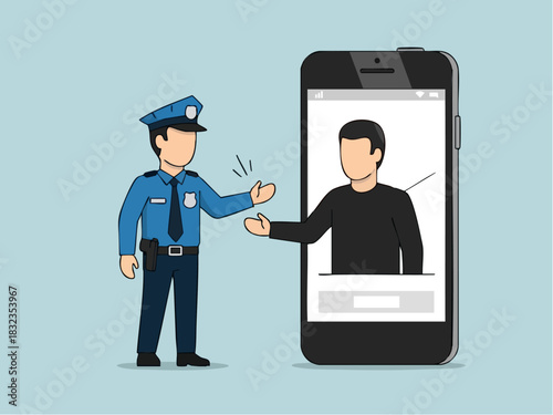 Police officer interacting with suspect through a smartphone screen for investigation.