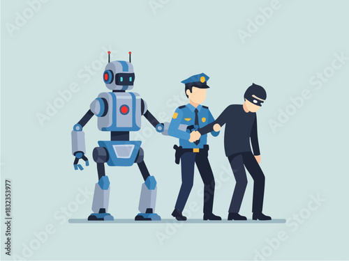 Robot and police officer apprehending a criminal suspect in custody.