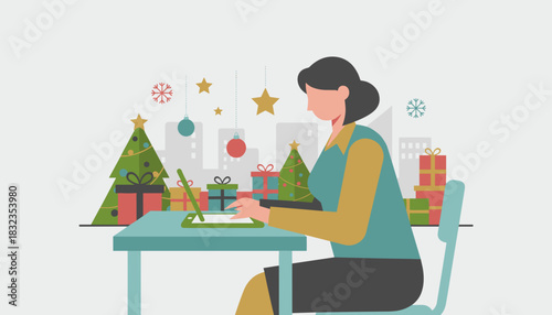 Woman shops online for Christmas gifts at her desk in a festive urban workplace illustration