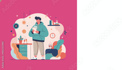 Modern illustration of a casual man reading a festive invitation or planning goals at home