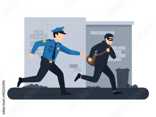 Police officer chasing a thief running away with stolen bag.