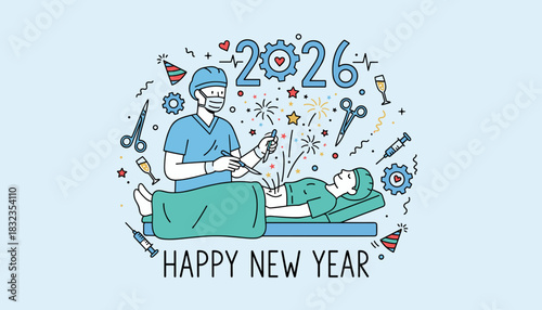 Celebrating Happy New Year 2026 with a focus on health and selfimprovement surgery illustration