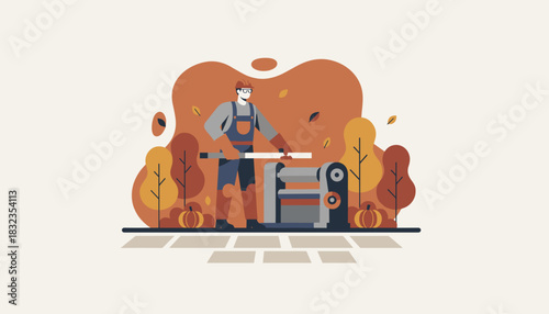 Industrial worker operating a machine press outdoors during autumn Manufacturing labor concept