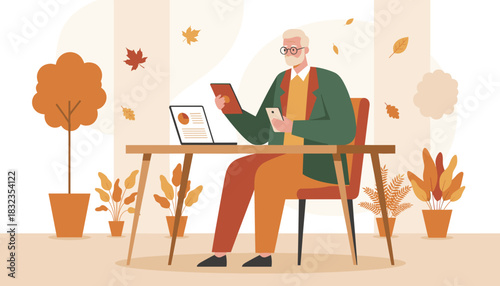 Senior man working remotely with tablet and laptop in cozy autumn home office setting Flat vector illustration