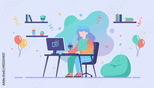 Remote work celebration Person podcasting or streaming from a fun home office