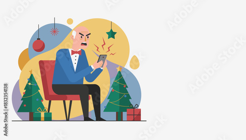 Angry senior man shouting at his phone during a stressful Christmas holiday party