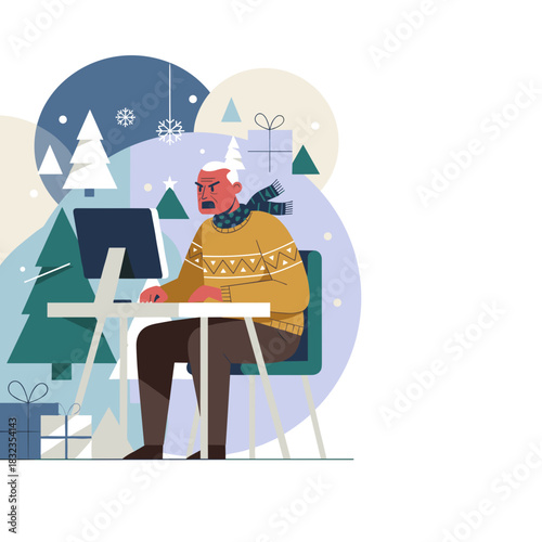 Frustrated senior man working on computer during Christmas holidays Stressful online experience