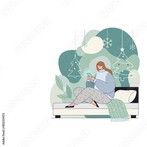 Cozy woman using smartphone on a bed at home during Christmas holidays Digital comfort and winter leisure