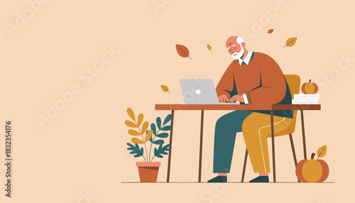 Senior man uses laptop at desk embracing technology and remote work in an autumnal setting