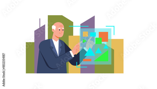 Elderly businessman analyzing virtual data display in a modern corporate setting
