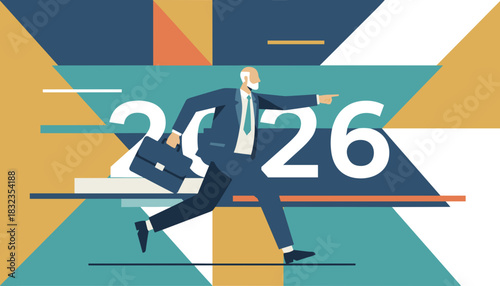 Businessman running toward 2026 pointing forward symbolizing future success and strategic planning